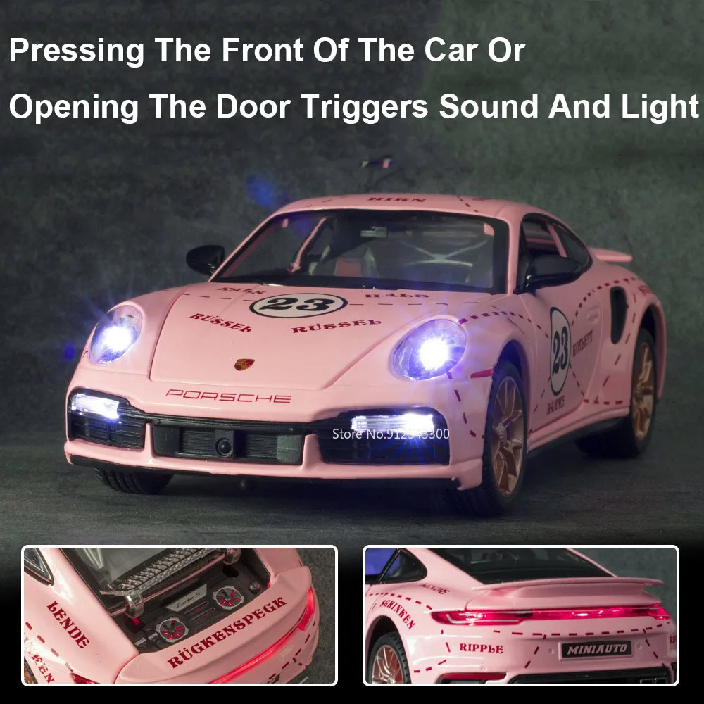 1/24 911 Turbo S Toy Alloy Car Model with Sound and Light Pull Back Function Simulation Vehicle Model Collection Gift for Friend