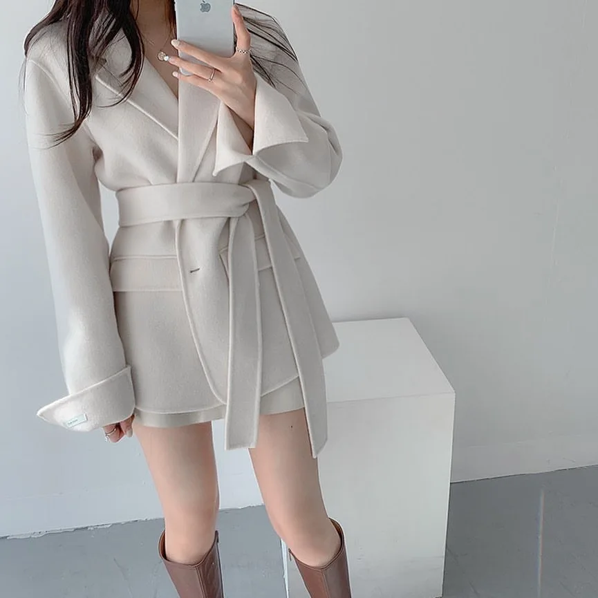 UCXQ Fashion Woolen Coat Korean Style Solid Color Cardigan Lace Up Waist Long Sleeve Elegant Jacket Women 2024 Autumn Winter 979