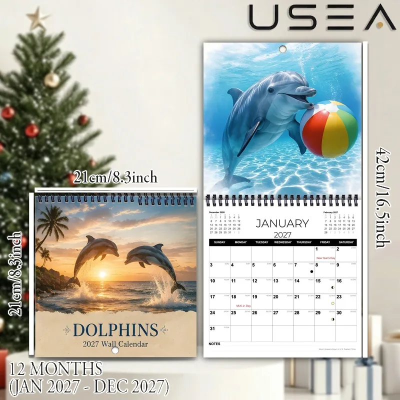 2027 Square Spiral Wall Calendar,Month Planner with Habit Tracker,Lunar Moon Phases, Coastal Dolphin Theme,Ideal Christmas Gift