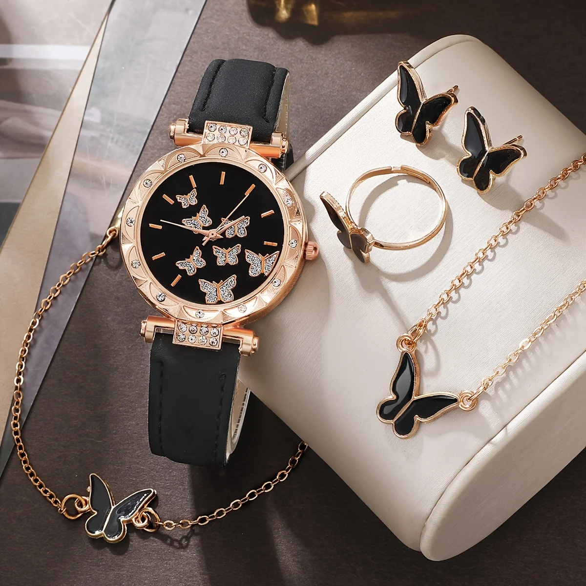 6 Stks/set Dameshorloge Elegant Vlinder Quartz Horloge Luxe Strass Analoog Polshorloge & Sieraden Set, Cadeau Voor Mama Haar