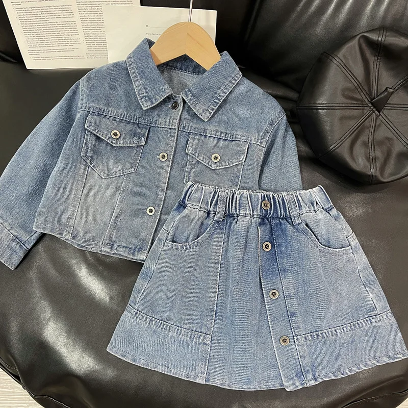 2025 Spring New Girls Denim Skirt Small Coat Set Girl Baby Korean Version Foreign Style Fashionable Denim Two-piece Set