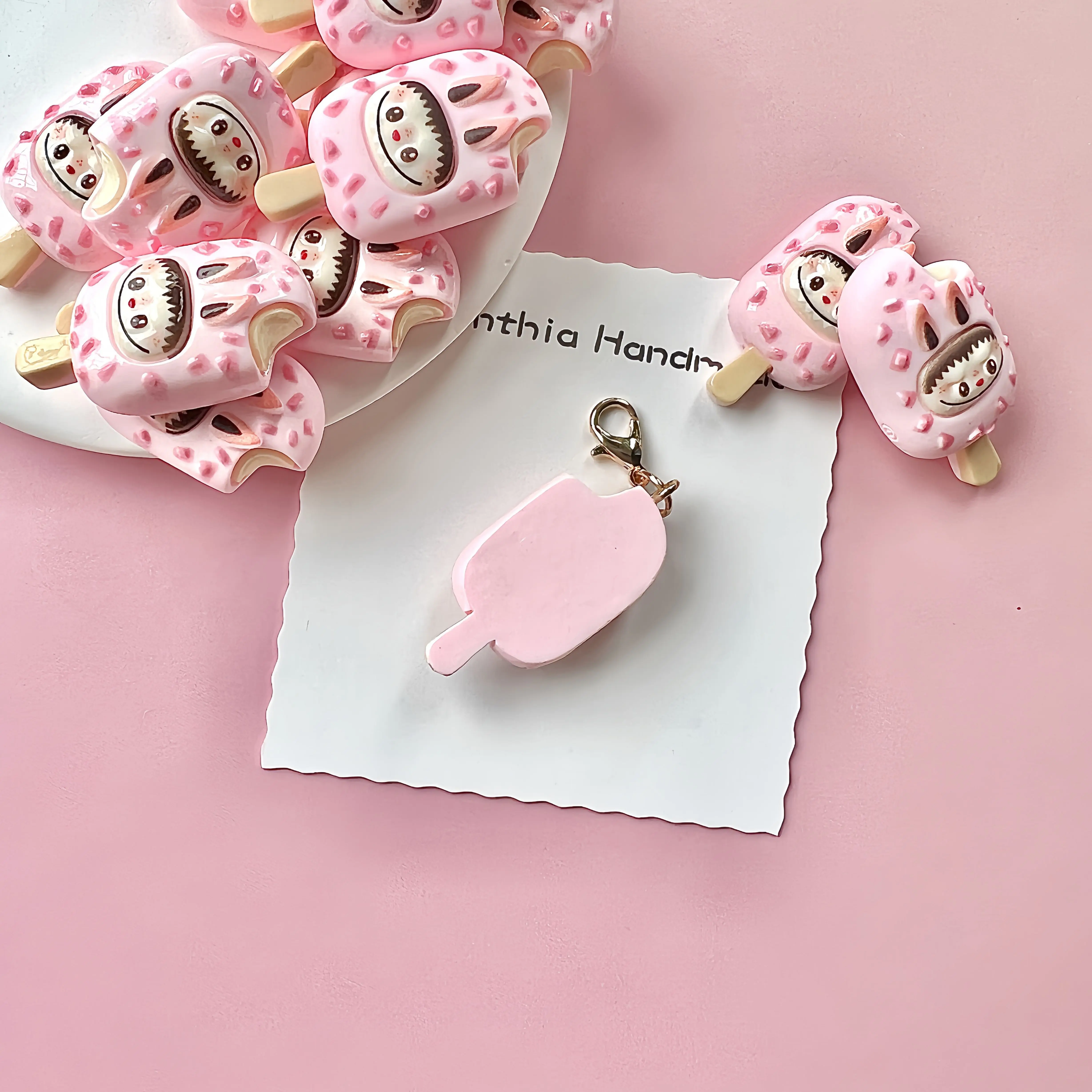 Labubu Pink Mini Cartoon Simulated Chocolate Popsicle Keychain Pendant Bag Ornaments  Minifood Toys Gifts Miniature Keyring