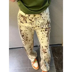 Pantalones vaqueros de pierna ancha con estampado de leopardo Retro Y2k, pantalones holgados con botones de cintura alta, pantalones vaqueros holgados de calle alta de Hip-hop Unisex para mujer