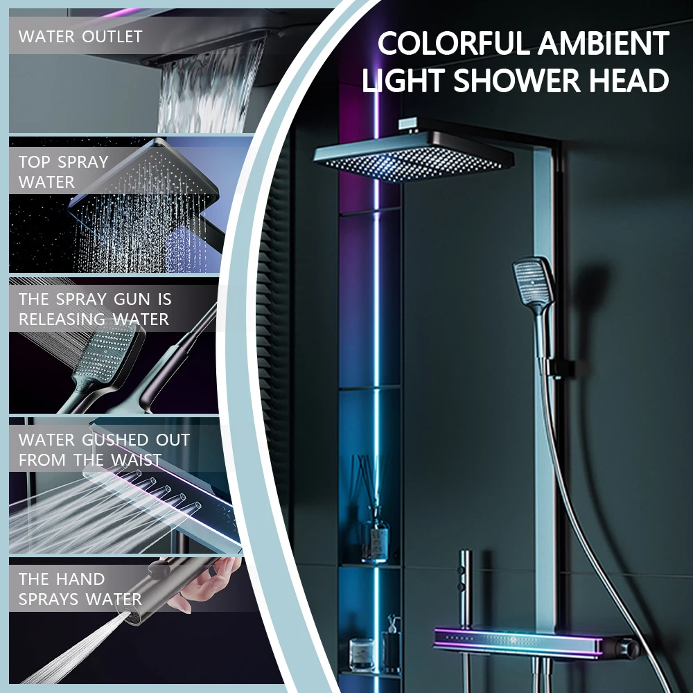 

Gradient Atmosphere Light Shower Set Wall-Mounted Extra-Large Storage Platform Pressurized Shower Digital Display Shower System