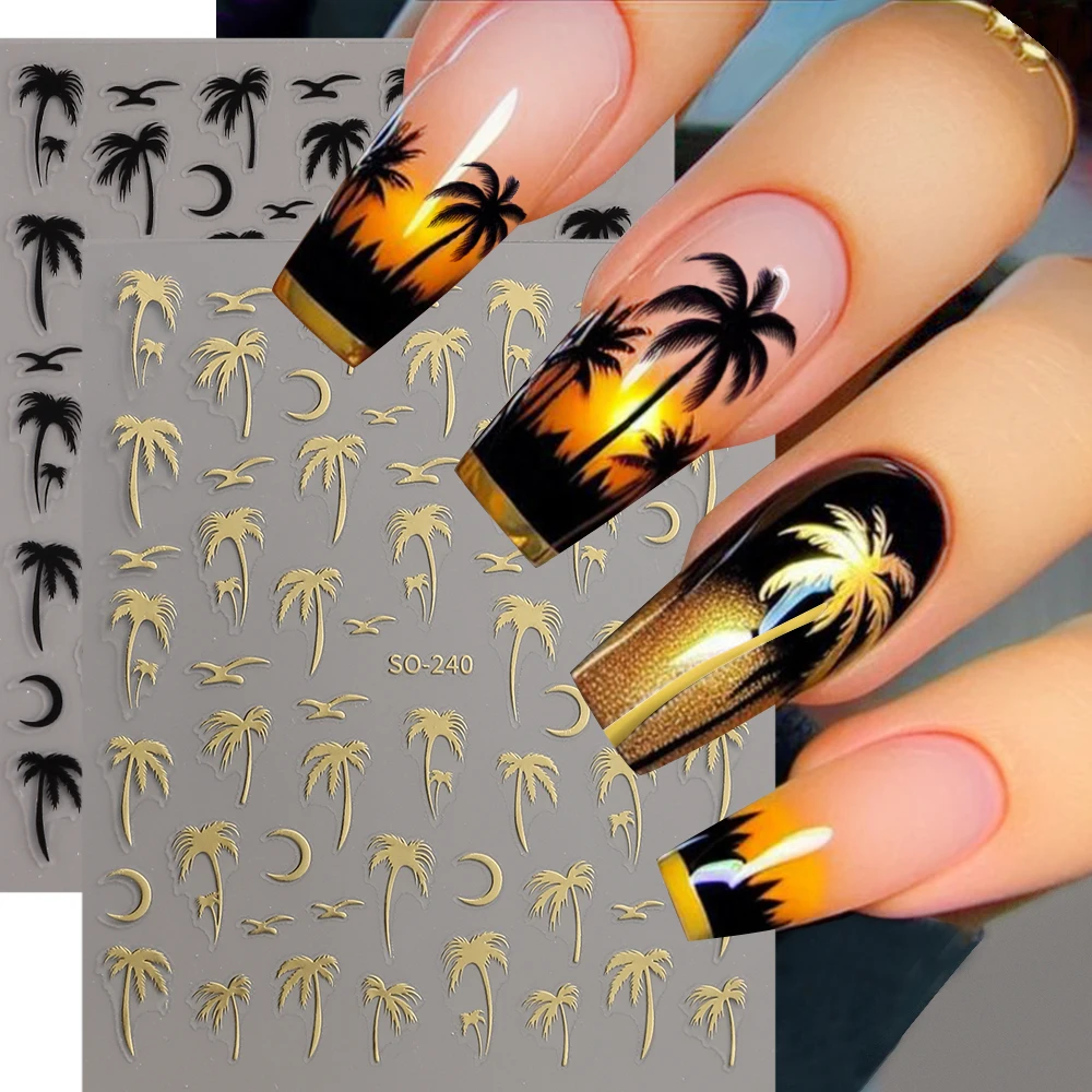 3D Gold Palm Tree Nail Stickers Bronzing Coconut Tree Decals Moon Bird Wings Nail Sliders Beach Charms Manicure Decors LEBSO-240