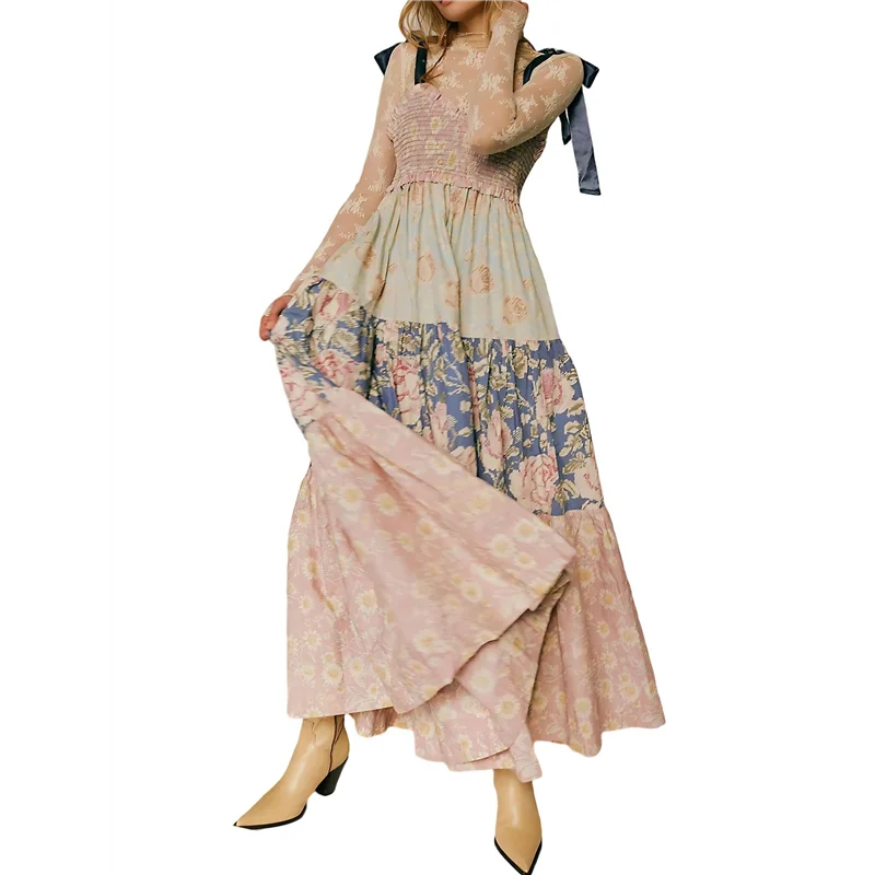 CGS-Donna floreale Boho Vestito estivo con cravatta sulla spalla Smocked Patchwork Abiti maxi fluidi con tasche Estate Autunno