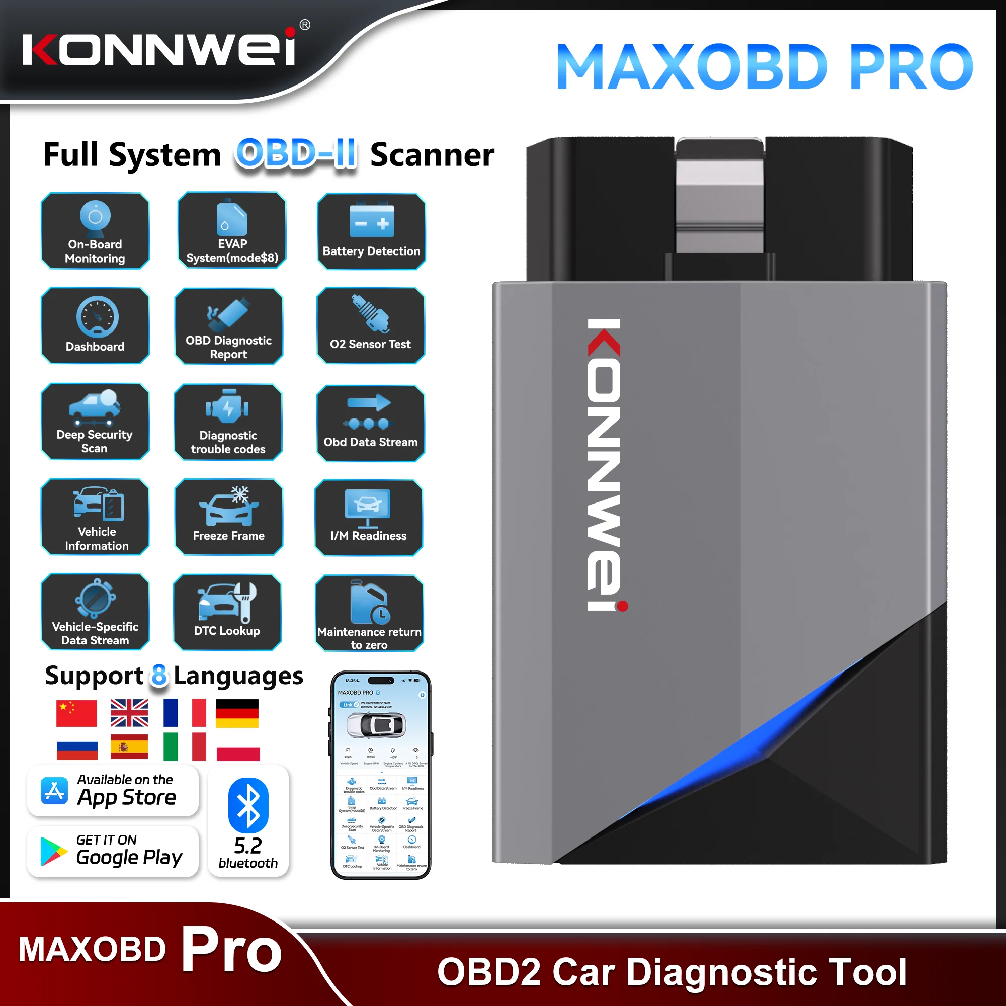 2026 KONNWEI MAXOBD Pro Bluetooth 5.2 Car OBD2 Diagnostic Tool Full System Scanner Oil Reset ABS DPF EPB SAS SRS Function CarDIY