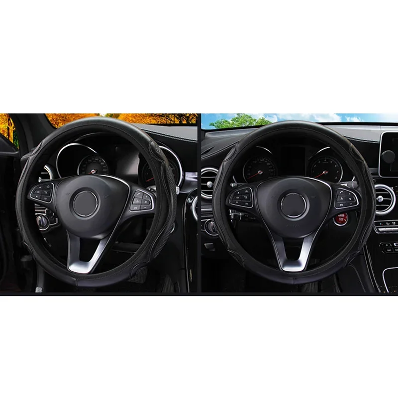 

37-38cm Car Black Steering Wheel Cover Non-slip Faux Leather Wear-proof Decorative Steering Covers Accessories