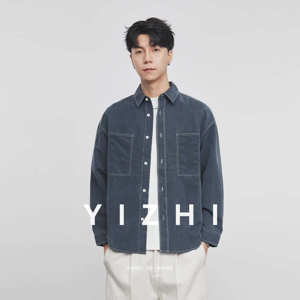 

Fashion Men's Lyocell Tencel Lapel Long Sleeve Shirt Jacket Spring and Autumn Collection Bright Line Work Shirt Men's Jacket