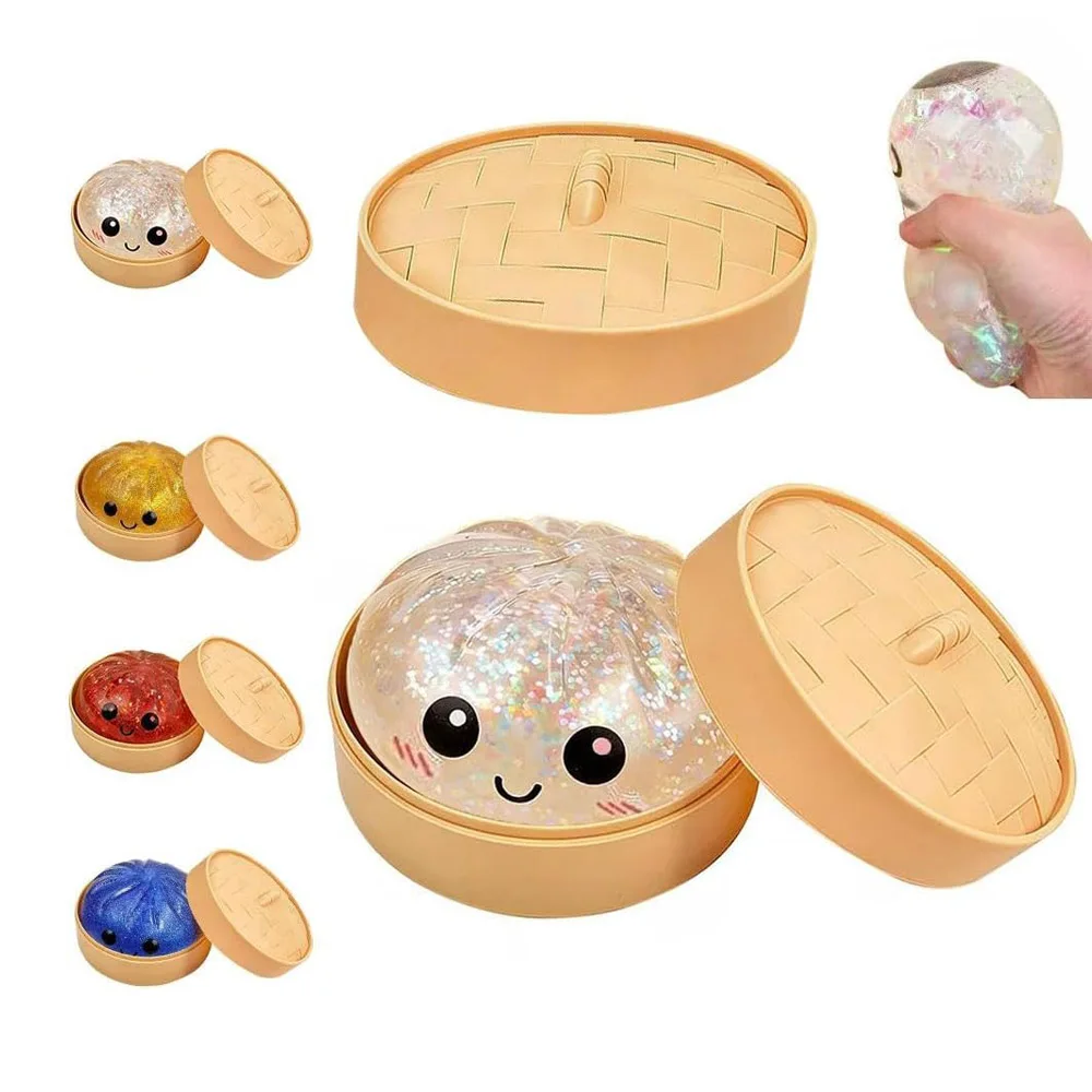 Colorful Dumpling Squishes Stress Balls with Steamer, Cute Anxiety Relief Gifts, Soft Squeeze Decompression Dough for Adults