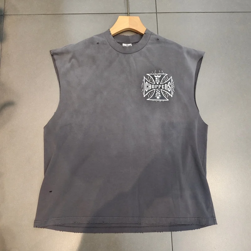 Men's Oversized Sleeveless T-Shirt Motorcycle Graphic Vintage Distressed Vest Streetwear Hip Hop Summer Top