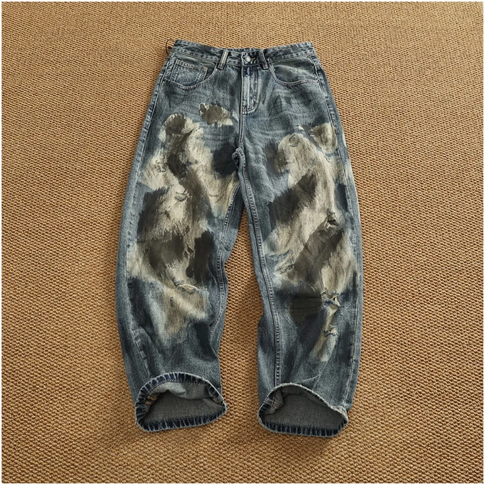 Loose silhouette straight trousers men's handmade ink splash and dye heavy industry washing heavy jeans
