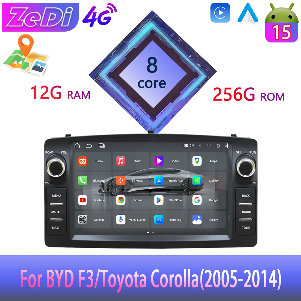 Para BYD F3/Toyota Corolla (2005-2014) Android 15, CarPlay, Android Auto, entradas de reversa, pantalla dividida, navegación y otras funciones.