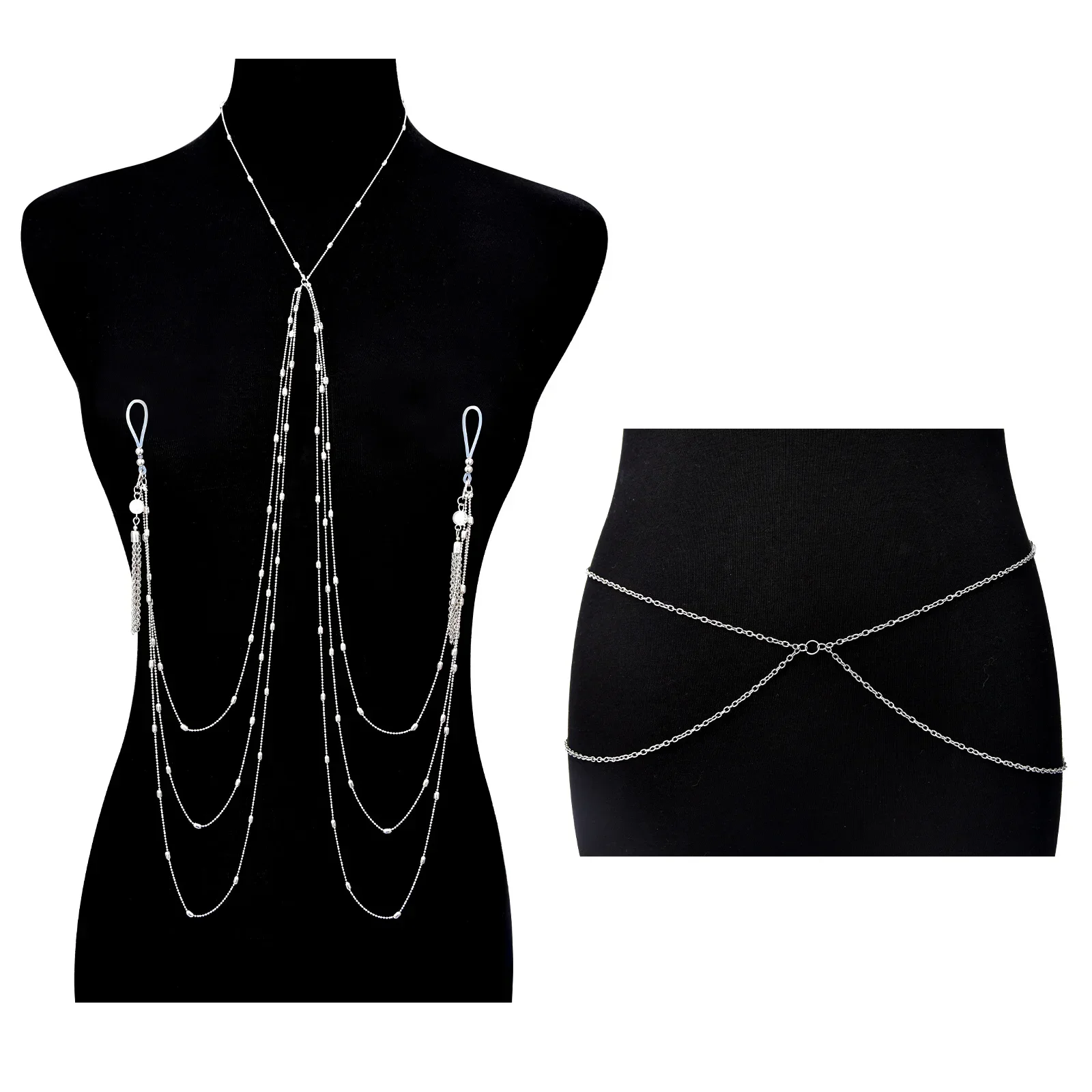 2pcs Stainless Steel Fake Nipple Rings With Chain, Waist Chain Set, Nipple Body Chain Jewelry