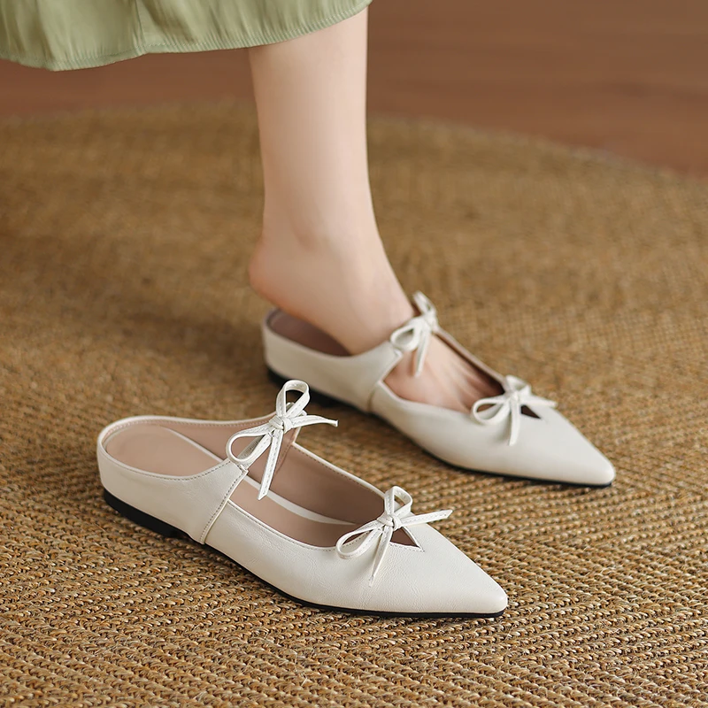 Big Size 41 42 43 Spring Summer New Trend Women Slippers Pointed Toe Sweet Bowknots Flats Loafers Casual Street Lady Mules Shoes