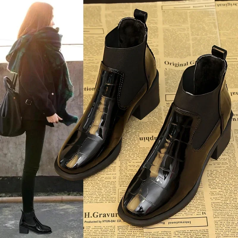 Chelsea Boots Women\'s Autumn/Winter British Lacquer Leather Mid Heel Boots Round Toe High Heels Shiny Leather Women\'s Boots