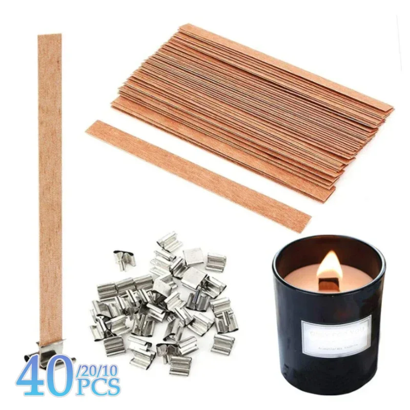 10-40PCS Wooden Candle Wick with Clip Base Craft Wicker Paraffin Beeswax Burning Smokeless Wick DIY Candle Making Supplies