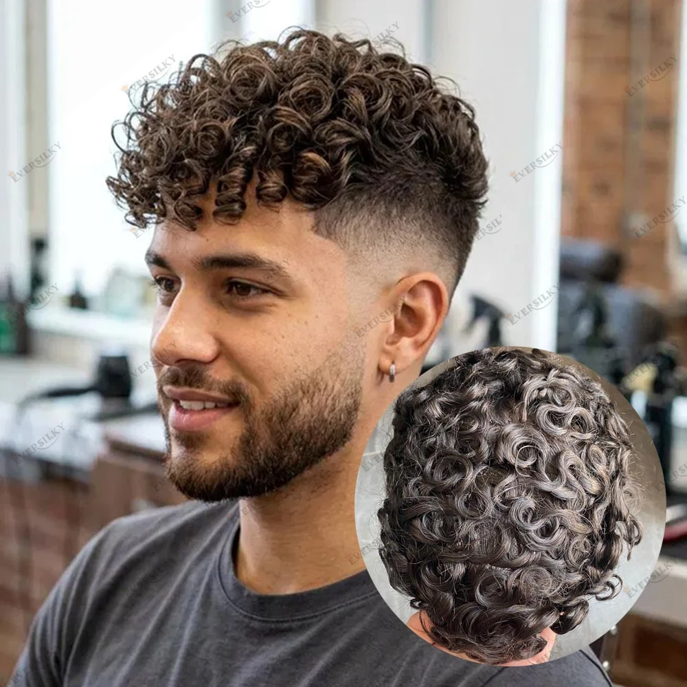 

Natural Hairline Durable Skin Base Men's 18mm Curly Human Hair Toupee Thin Skin Durable Brown Grey 1B30 1B50 Undetectable Wigs