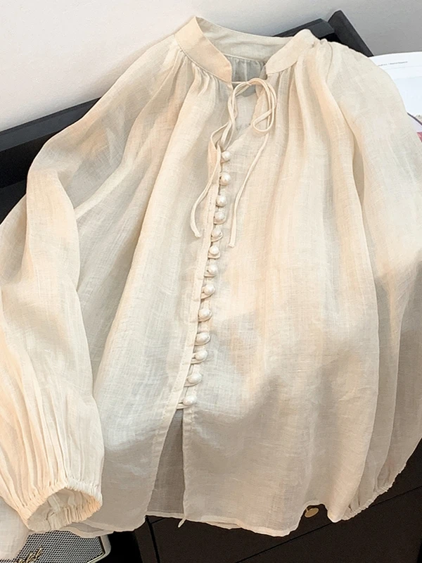 芸術的なコットンリネンランタンスベール女性用ゆったり軽量サマーアウターリネン日焼け止めオープンカーディガン トップス