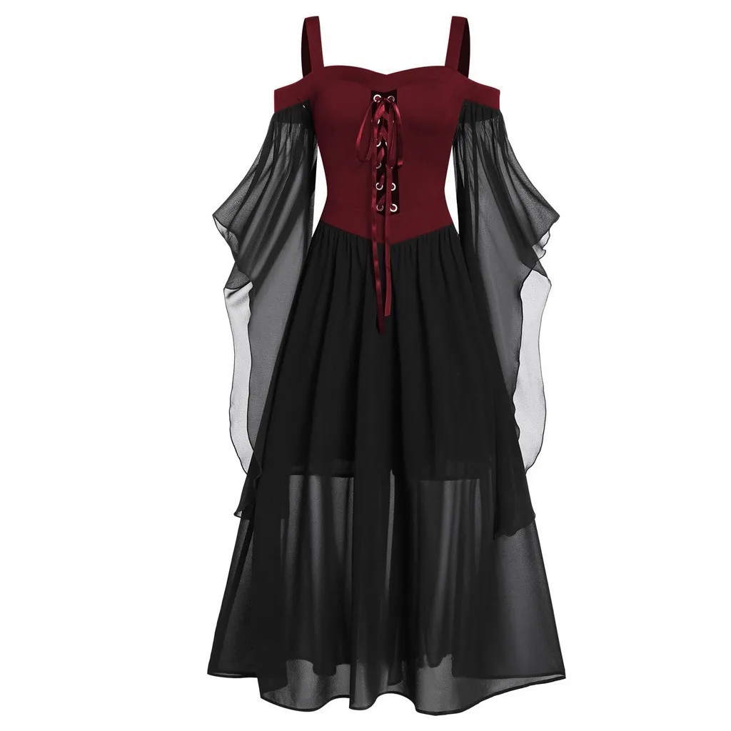 

Women Halloween Dress Gothic Punk Medieval Cosplay Carnival Cold Shoulder Butterfly Sleeve Lace Up Long Party Dresses For Summer