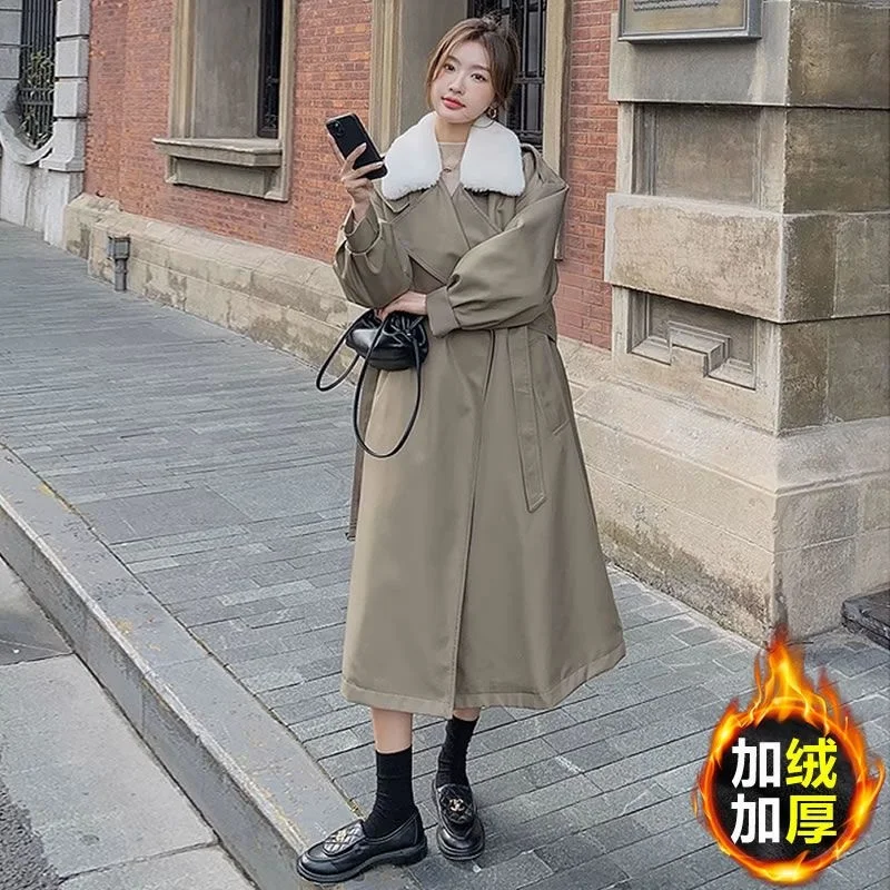 

Женская длинная ветровка-парка с бархатной подкладкой - зимняя куртка свободного покроя до колена 2025 года, хлопковая одежда среднего веса w13