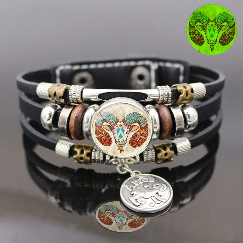 Retro Punk Leather Bracelet Glow Twelve Constellations Button Bracelet for Male and Female Students Couple Bracelet Jewelry