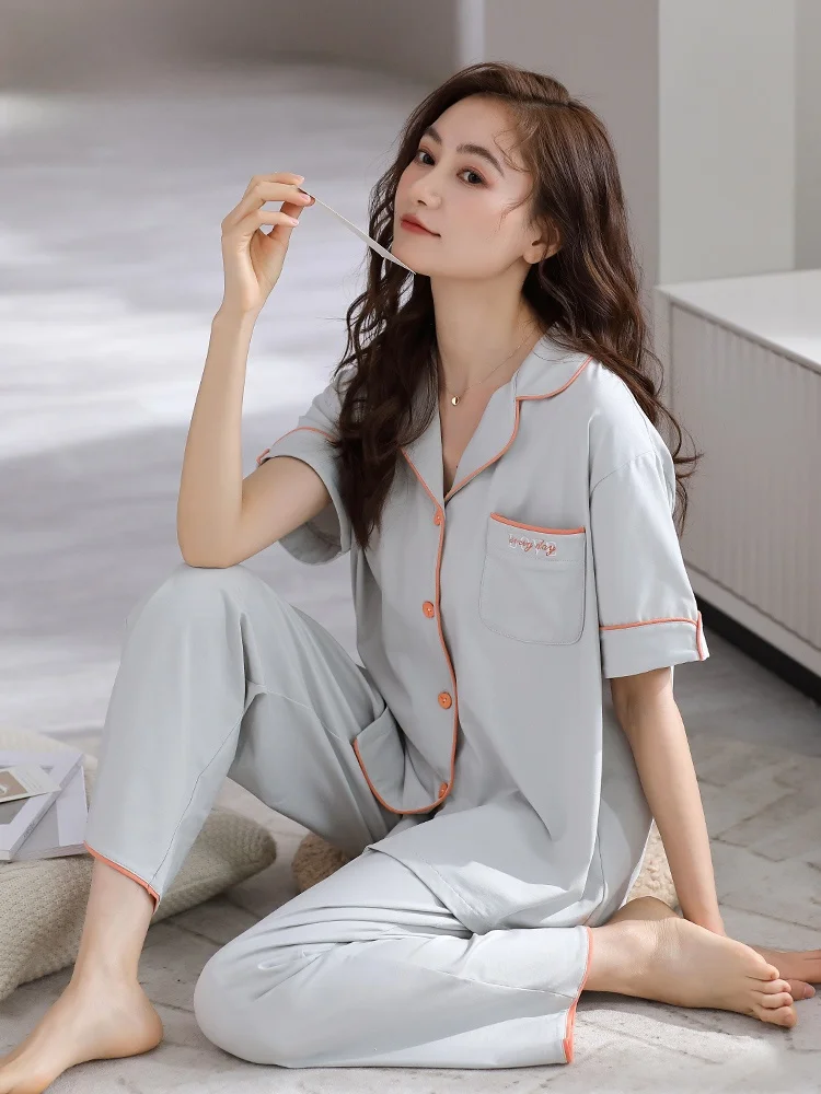 summer-lightweight-soft-pure-cotton-sleepwear-set-for-women-casual-loose-short-sleeve-long-pants-home-comfort-fashionable