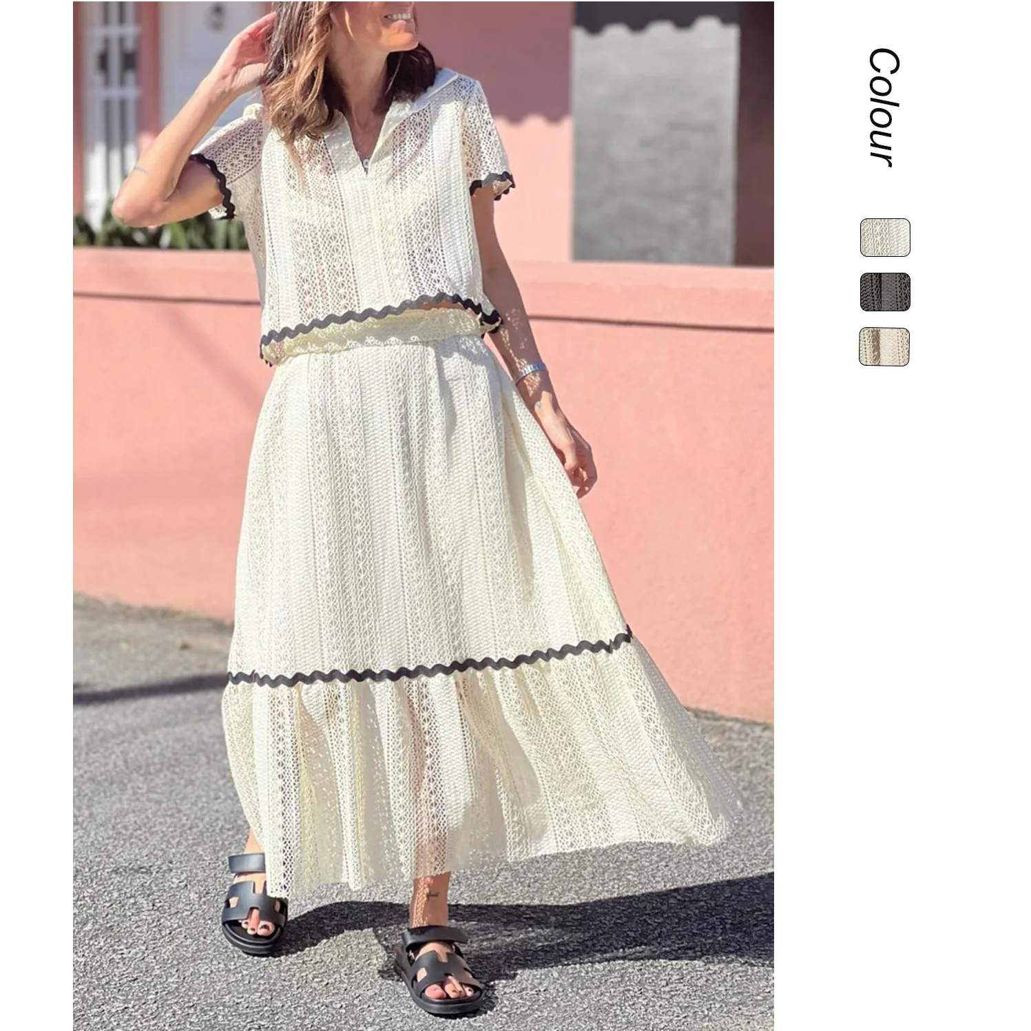 

Summer New European American Women's Comfortable Casual Shirt Collar Lace Long Skirt Set