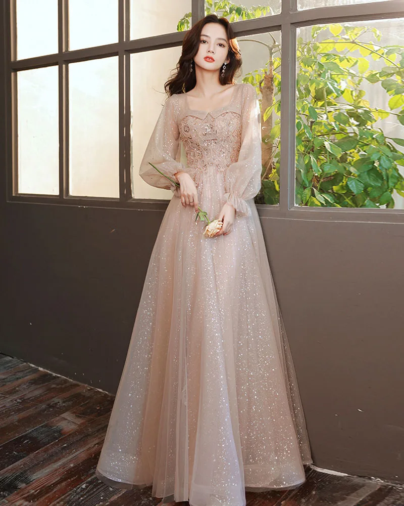 DongCMY Long-sleeved Evening  Hostess Dress Woman 2026 New Spring And Summer Banquet Temperament Champagne Annual Party Korean