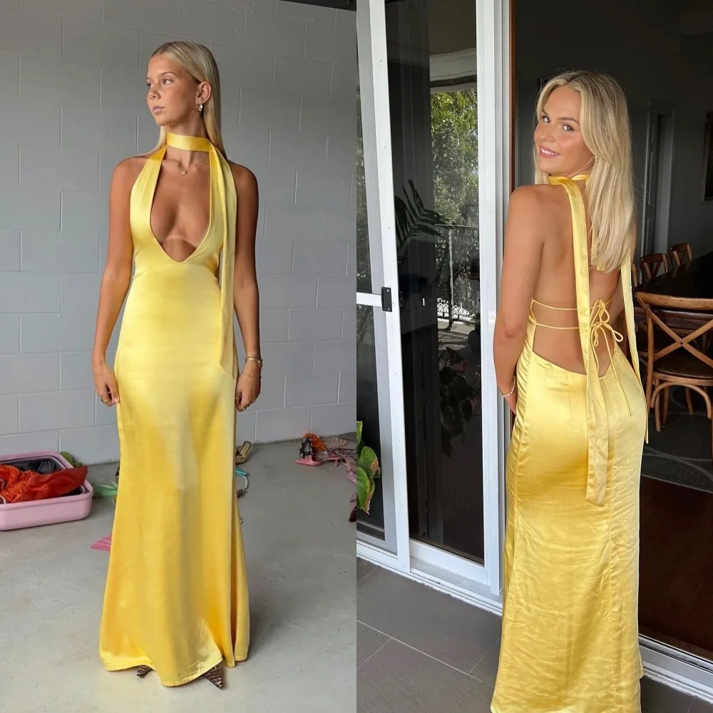 

Customized Graceful V-Neck Halter Evening Dress Temperament Satin Ribbons Celebrity Gowns Delicate Lace Up Back Party Dress