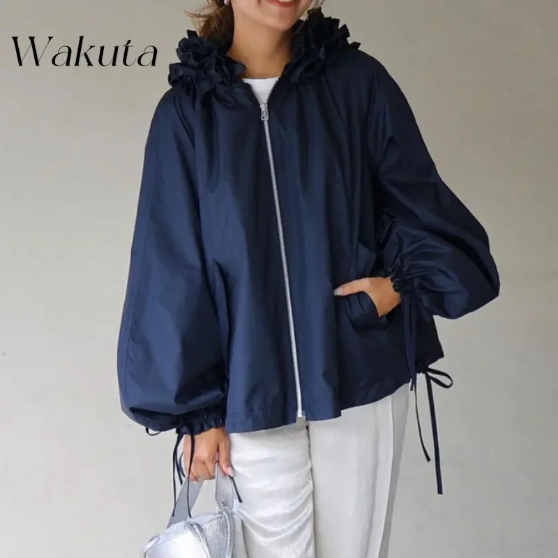 WAKUTA Japanese Blogger Fashion Loose Hooded Lace-up Coats Spring and Fall Niche Fashion Versatile Jackets Female 방수자켓 بلوزات