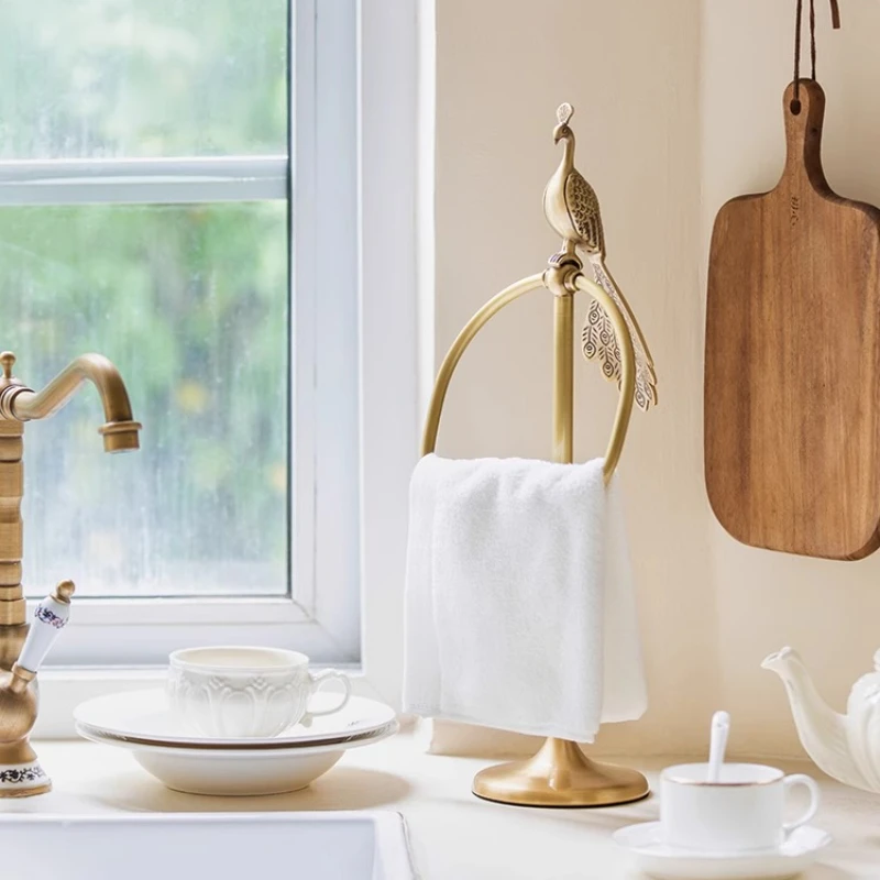 Retro light luxury brass peacock towel ring toilet bathroom vertical towel rack storage rack bathroom supplies