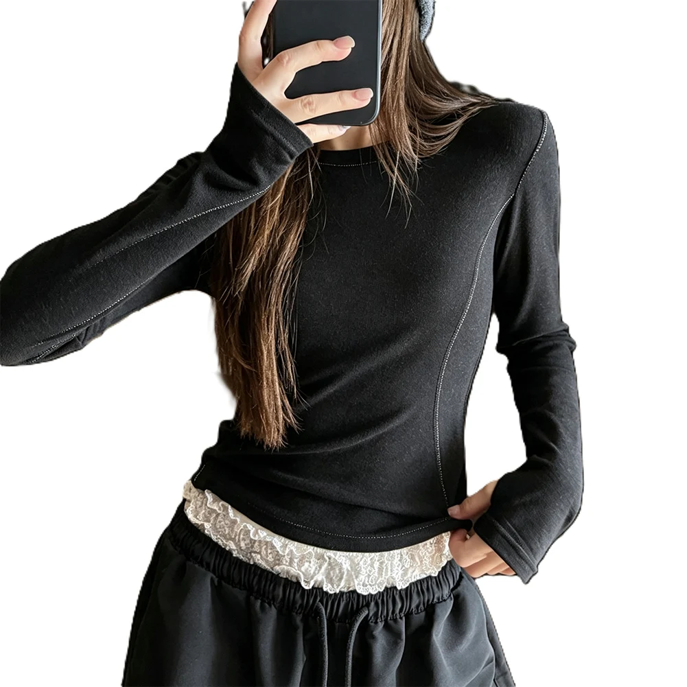 Women\'s Solid T-Shirt with Long Sleeves Round Neck and Natural Waist Accent Ideal for Casual and Home Settings