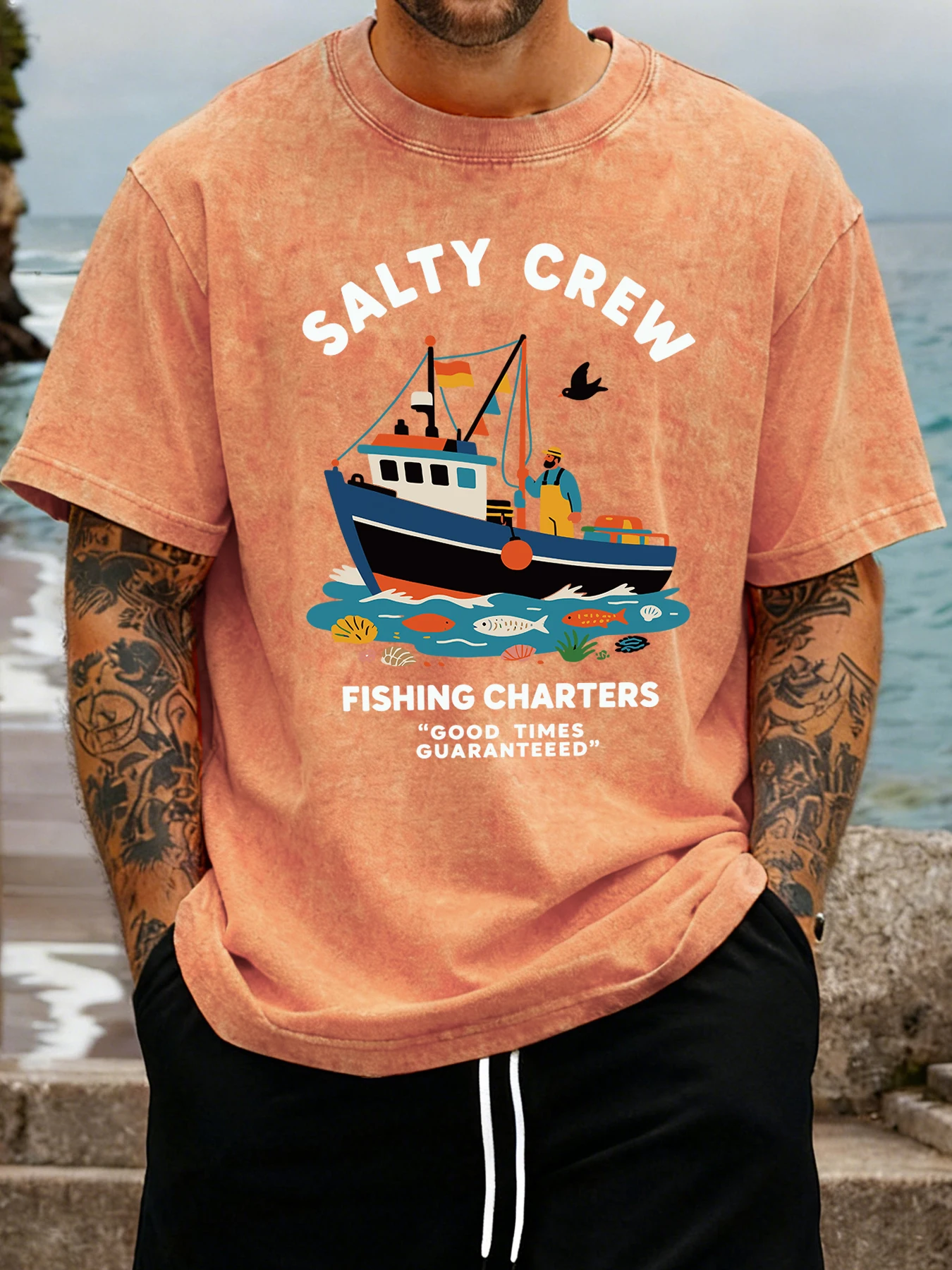 Salty Crew Fishing Charters Print Vintage Washed T Shirt Men Summer Cool Tops Cotton All-Match Streetwear Hip Hop Loose T-Shirt