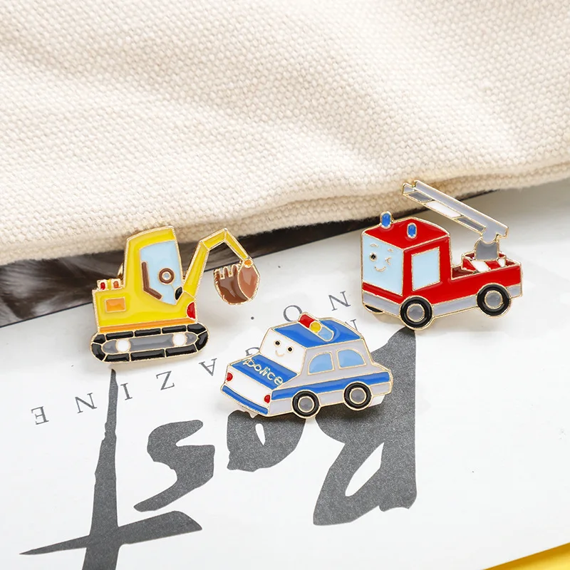 Cute Digging Machine Fire Engine Enamel Brooches Funny Cartoon Car Lapel Badge Pins Jewelry Party Gifts For Women Girls
