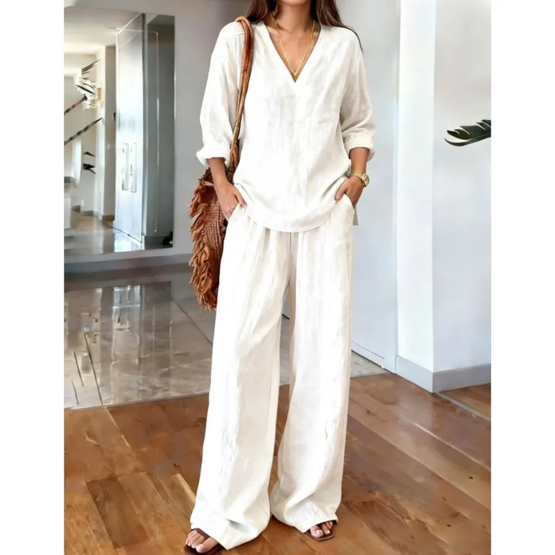 

Casual Solid Set For Women Fashion Long Sleeve V Neck Tops+High Waist Wide Leg Pants 2 Piece Sets Lady Holiday Women's Clothing