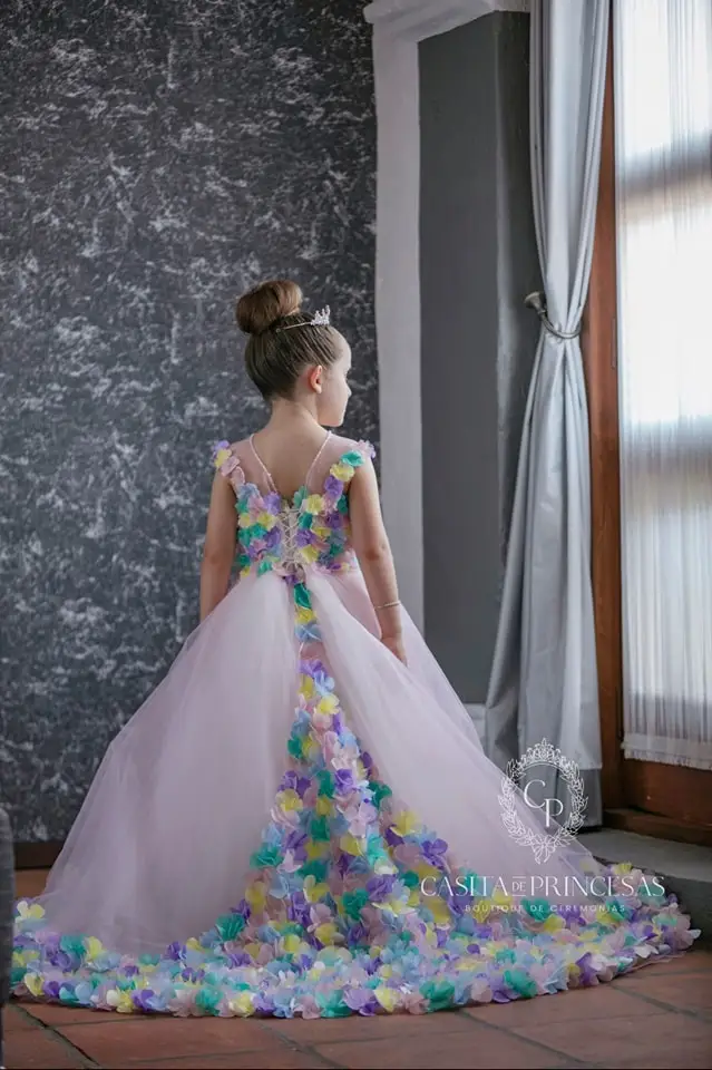 Rainbow Floral Girls Birthday Party Dresses Customized Princess Flower Girl Dresses Baby Kids Ball Gowns for Photo Shoot