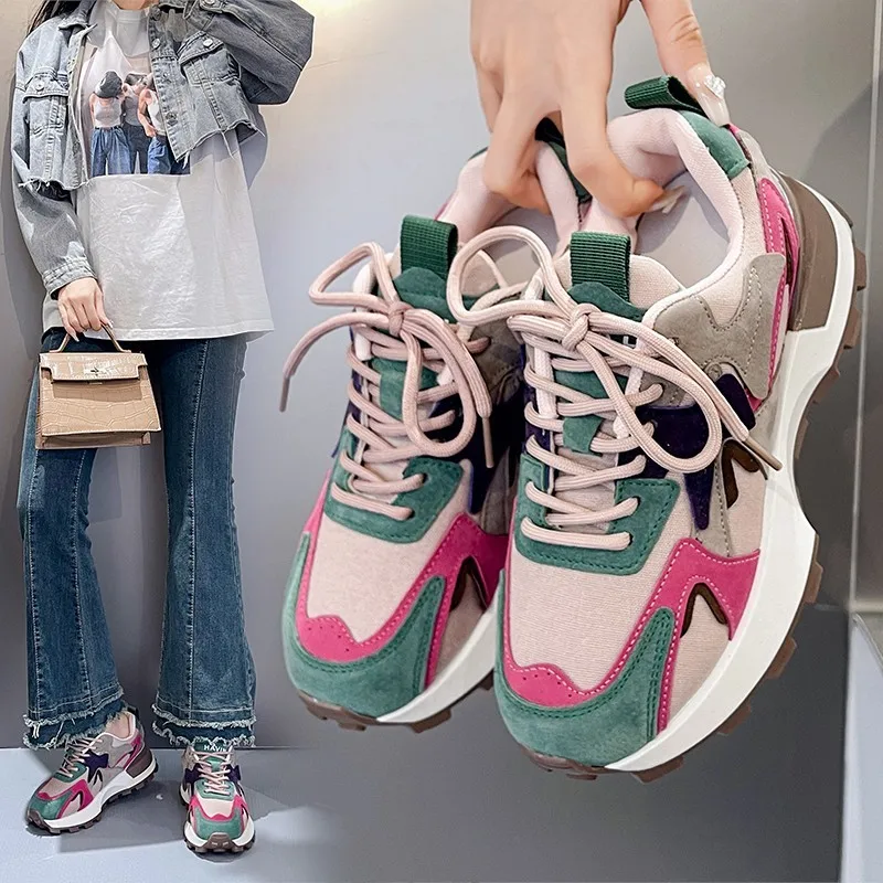 Women Colored Chunky Sneakers Vulcanized Shoes Female Platform Sneakers Lace Up Thick Soles Non-slip Casual Sports Shoes 2024