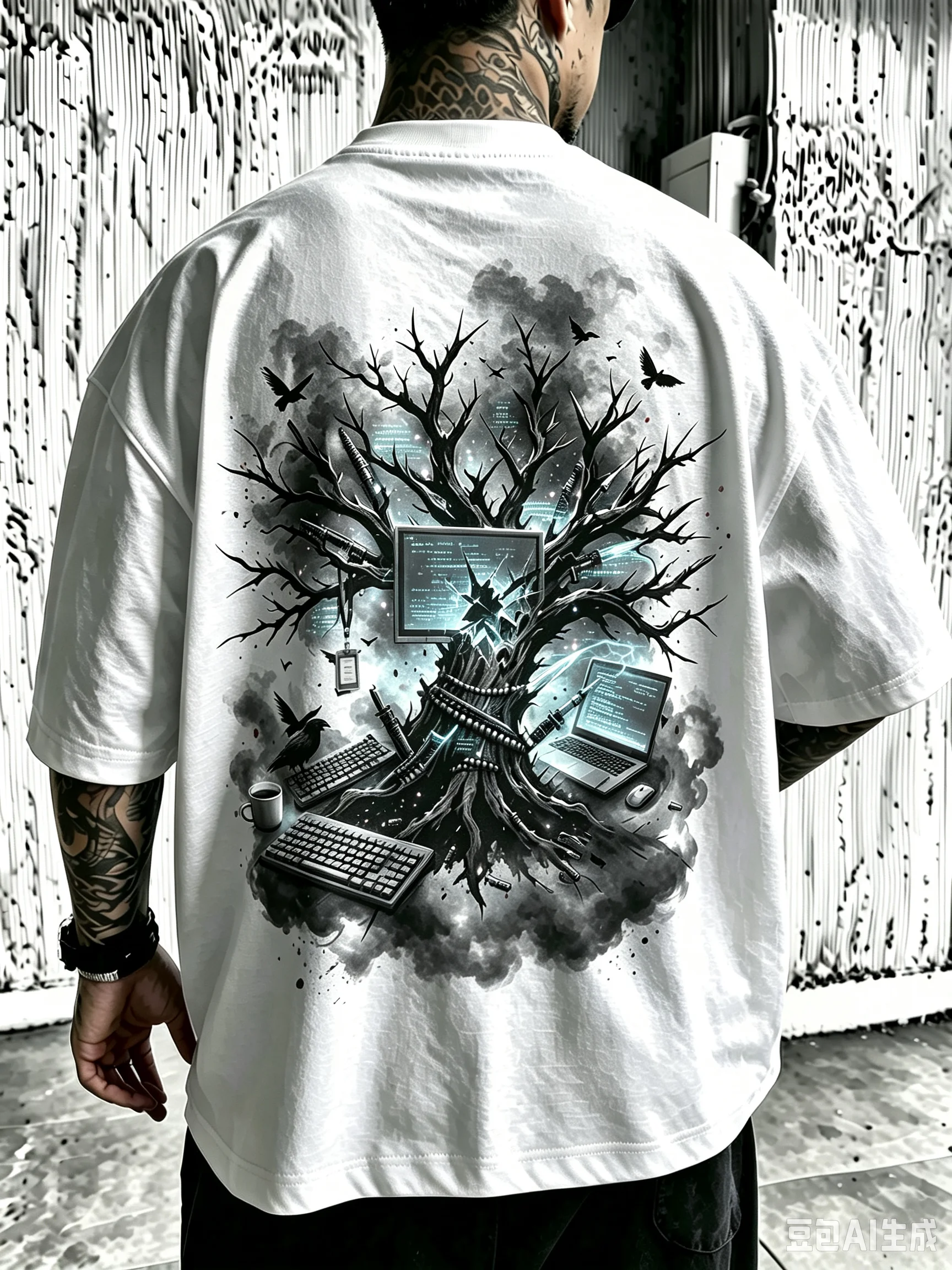 Oversized Unisex Casual T-Shirt For Men & Women, Gothic Dead Tree Crow Coding Screen Keyboard Laptop Back Print Tee, Cyberpunk Hacker Dark Tech Aesthetic Vintage Streetwear Cotton Short Sleeve Tops