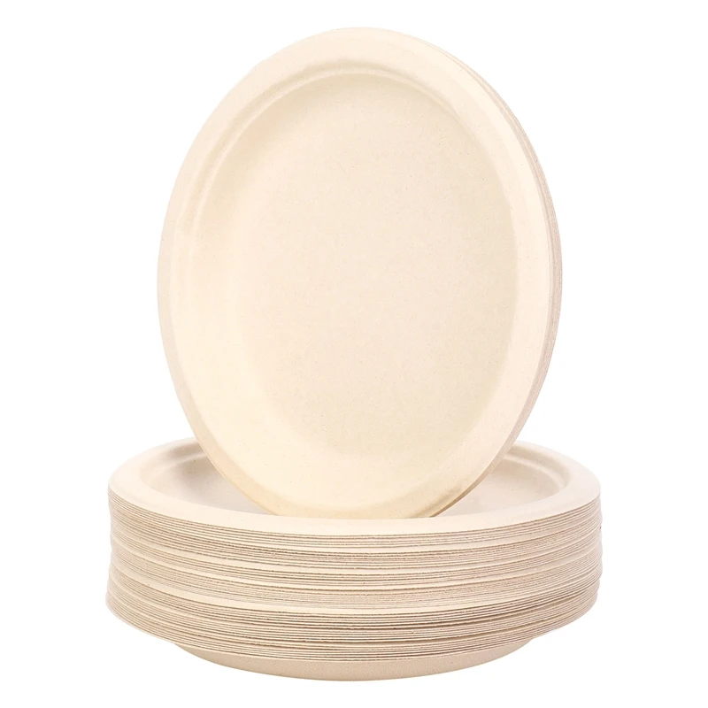 ●100 Pack 7in Compostable Disposable Round Bagasse Paper Plates,Biodegradable Sugarcane Fibre-ABFB