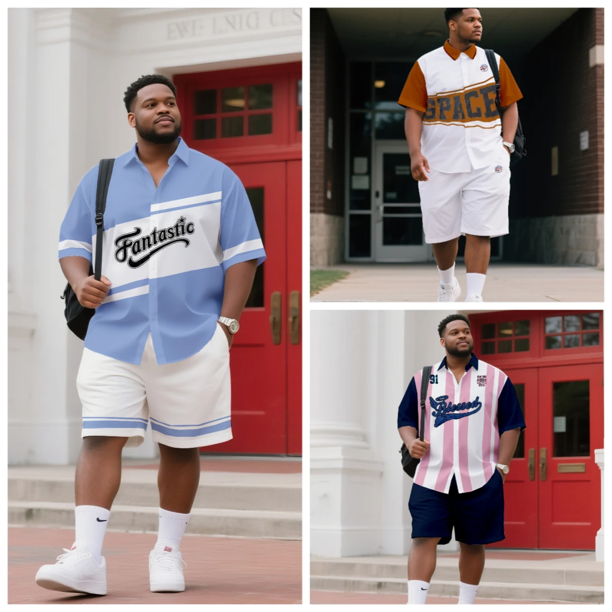 

S-9XL Back to School Big and Tall Men Summer Stripe Letter Print Oversized Shirt Shorts Set Multi-Design Casual 2-Piece Outfit