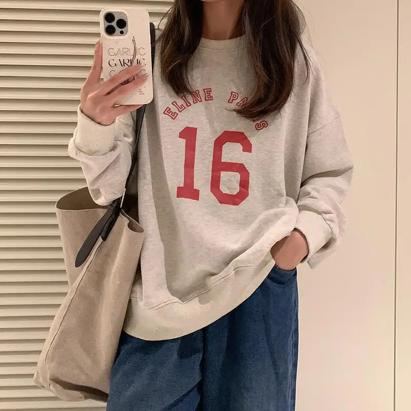 Autumn Color Contrast Color Slim Women Hoodies New Casual Simple Basic Hoodies Female White Light Grey Loose Street Top