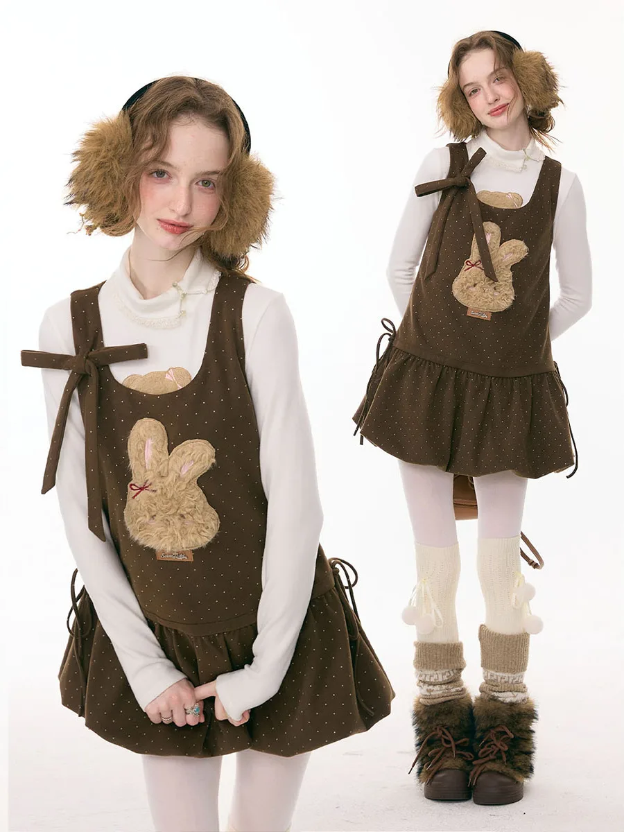 

Caramel Rabbit Polka Dot Vintage Deep Brown Plu Vest Dr Women's Faion Ci Walk Travel Casual Skirt Sle Autumn Winter