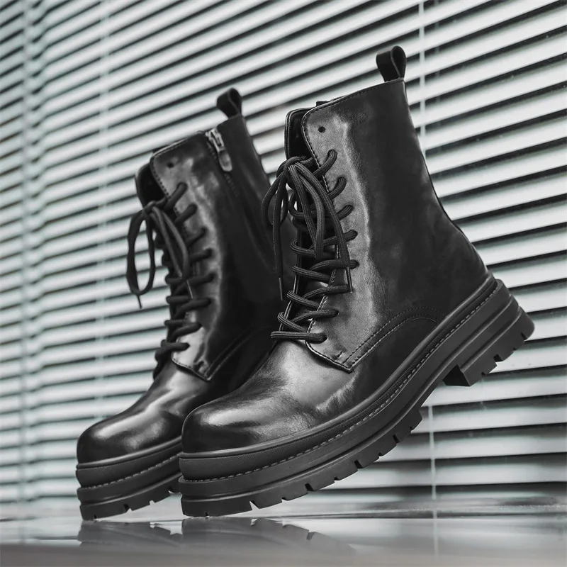 England style men fashion high motorcycle boots black stylish platform shoes cowboy spring autumn boot original leather botas
