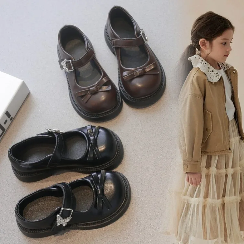 Kids Leather Shoes for Girls 2026 New Autumn Toddler Dress Shoes with Cute Bow Non-slip Princess Kids School Mary Jane Flats