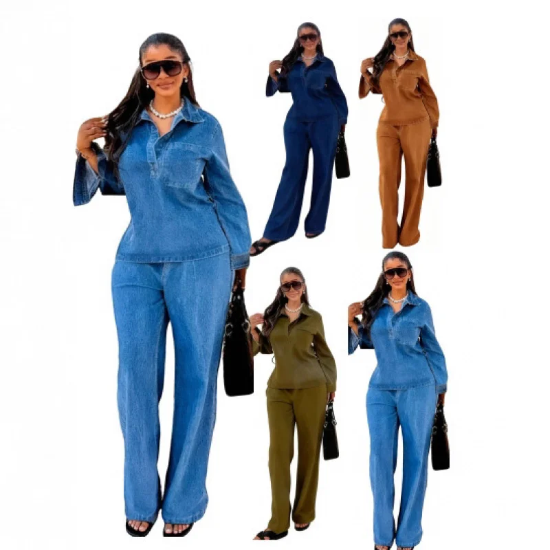 

New Spring Women's Fashion Set: European and American Style French Fashion Washed Blue Denim Top and Straight-Leg Pants