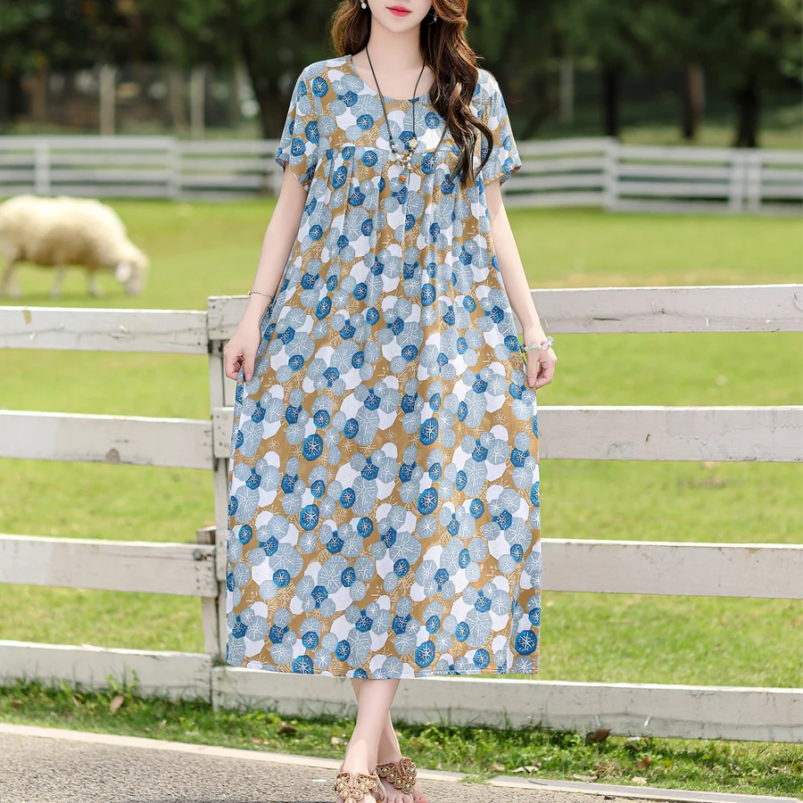 New 2024 Women summer Dress Floral Print short Sleeve Vestidos Elegant Vintage O-Neck Plus size Dresses jurken