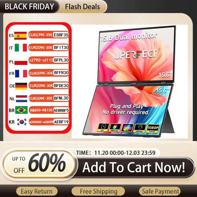 

UPERFECT Delta 15,6-дюймовый двойной монитор, портативный игровой тройной дисплей для ПК, экран ноутбука, 1080P HDR, складная регулировка для игровой консоли телефона