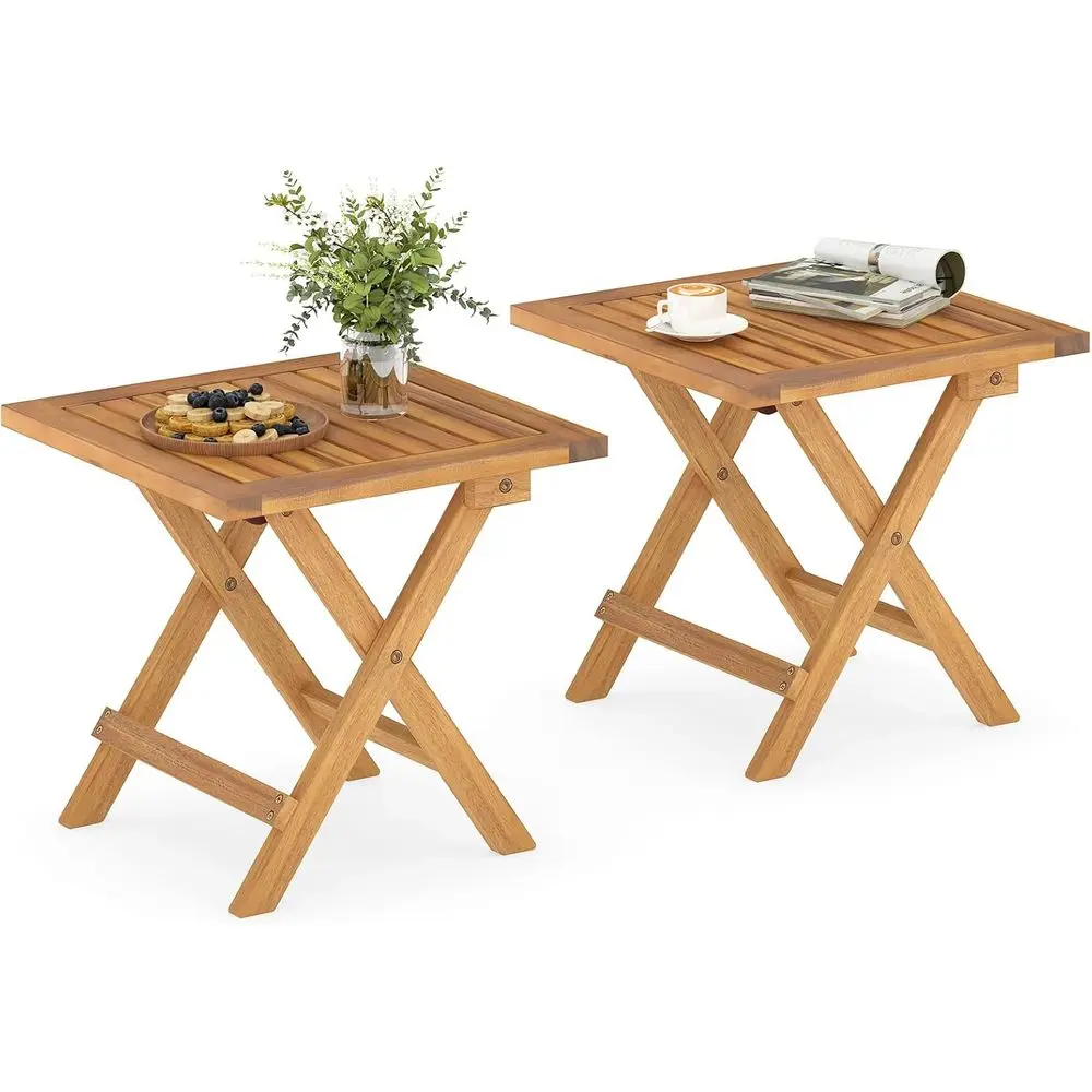 

Portable Acacia Wood Outdoor Side Table with X-Legs and Slatted Top, 16 x 16 x 16, Ideal for Patio, Garden, Poolside, Picnic (Se