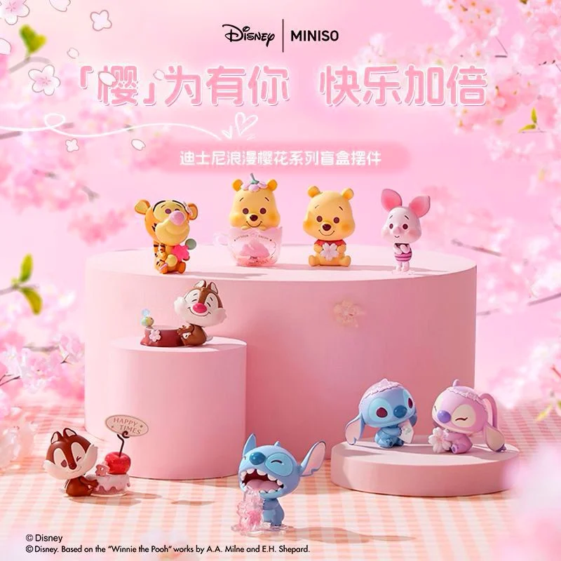 

New Disney Winnie Stitch Romantic Sakura Series Trendy Blind Box Doll Model Desktop Ornament Fans Girl Friends Birthday Gifts